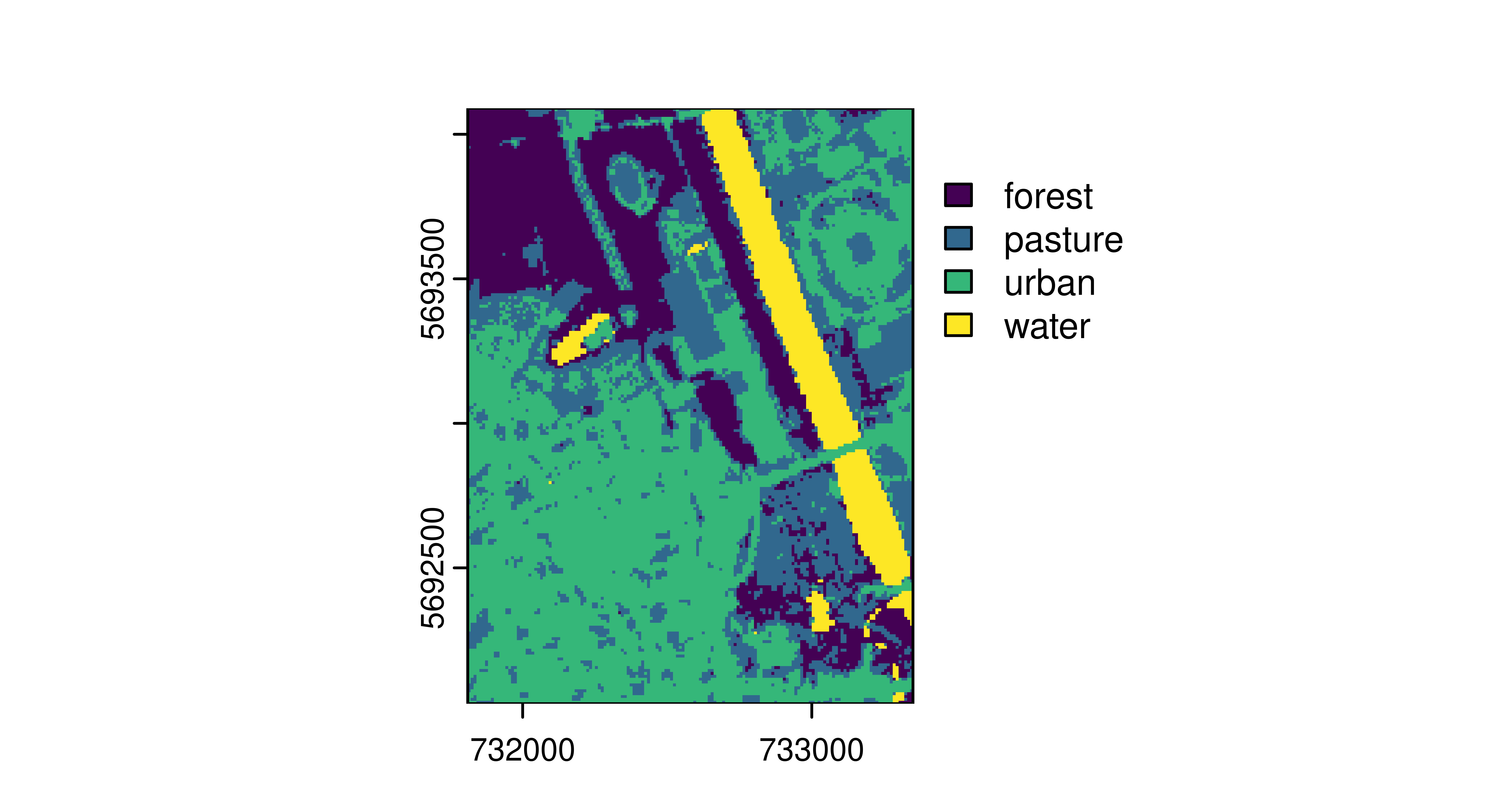 Very zoomed-in map with x-axis from 732000 to 733000 and 5692500 to 5693500 on y-axis. Different clusters are colored in green, blue, purple and yellow.