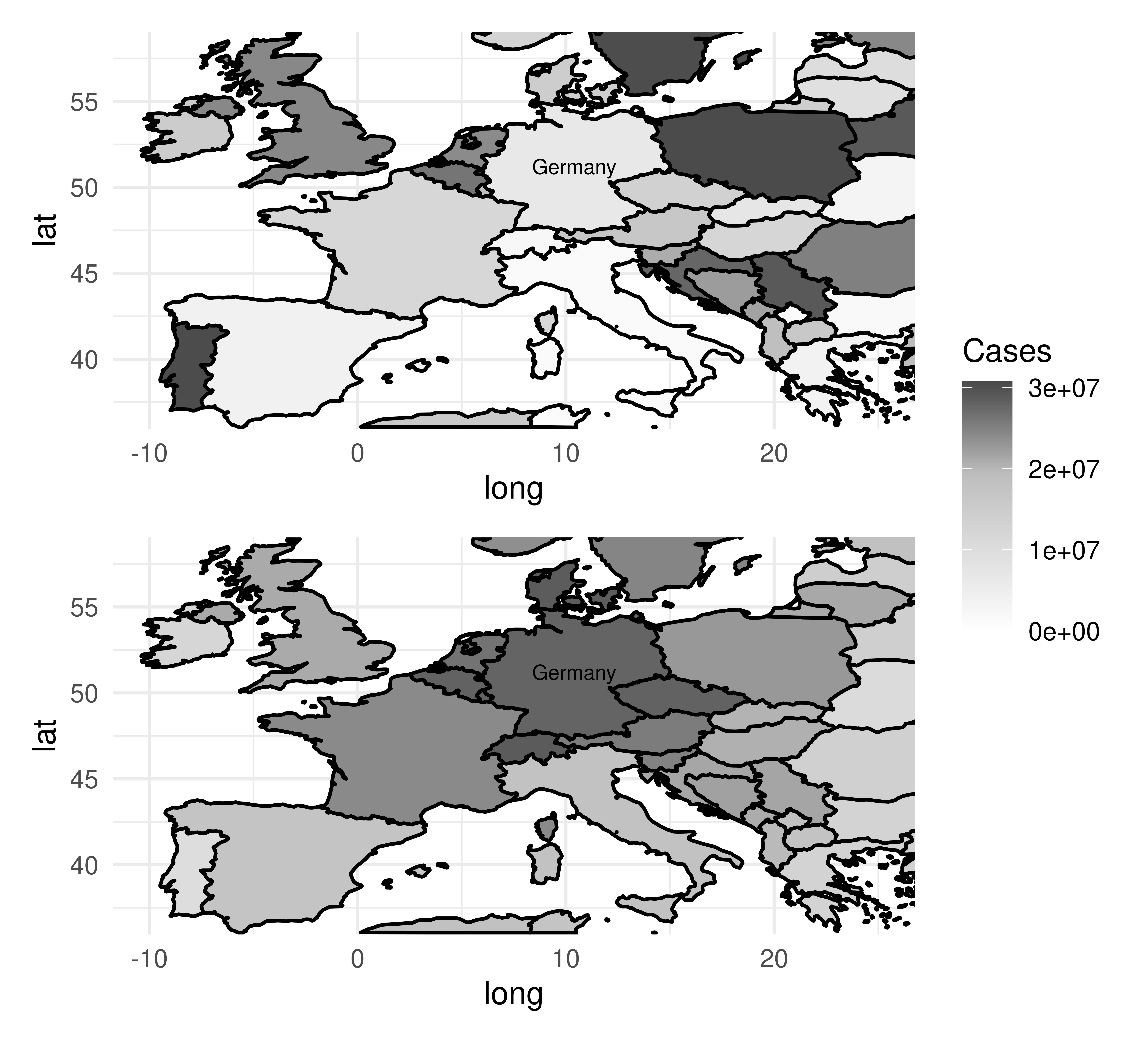 Image shows two separate maps of Europe. Top map has a random distribution of colors from white to dark gray. Bottom map shows darkest color (dark gray) at Germany with increasing lightness as the countries are increasingly further away.