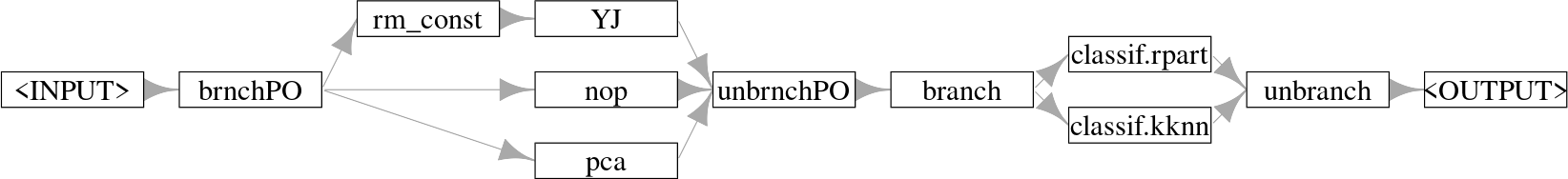 Graph starts with "<INPUT> -> brnchPO" which has three arrows to "removeconstants -> yeojohnson", "nop", and "pca", which all then point to "unbrnchPO -> branch", which then has two arrows to "classif.rpart" and "classif.kknn" which then both point to "unbranch -> <OUTPUT>".